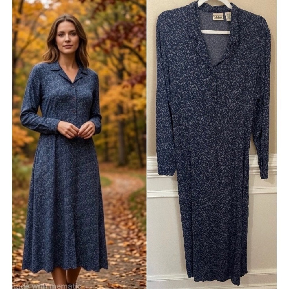 Vintage LL Bean Navy Blue Floral Rayon Midi Dress Long Sleeve Tie Back Size 18